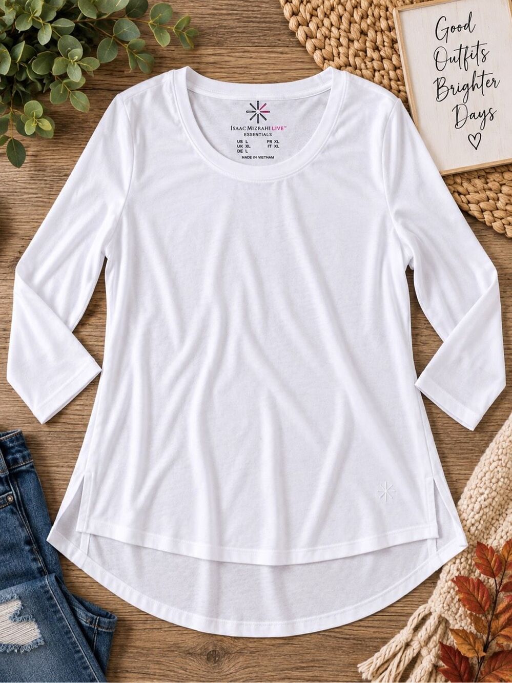 Isaac Mizrahi Live Essentials Women’s Large White 3/4 Sleeve High Low Tunic Top